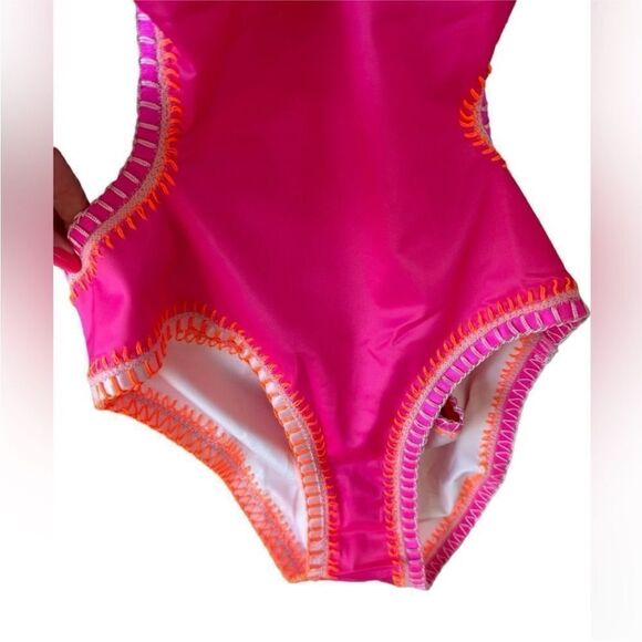 PQ Swim NWT Crochet Trim Halter Neck One Piece Swimsuit in Pink/Orange Size M - Picture 8 of 13